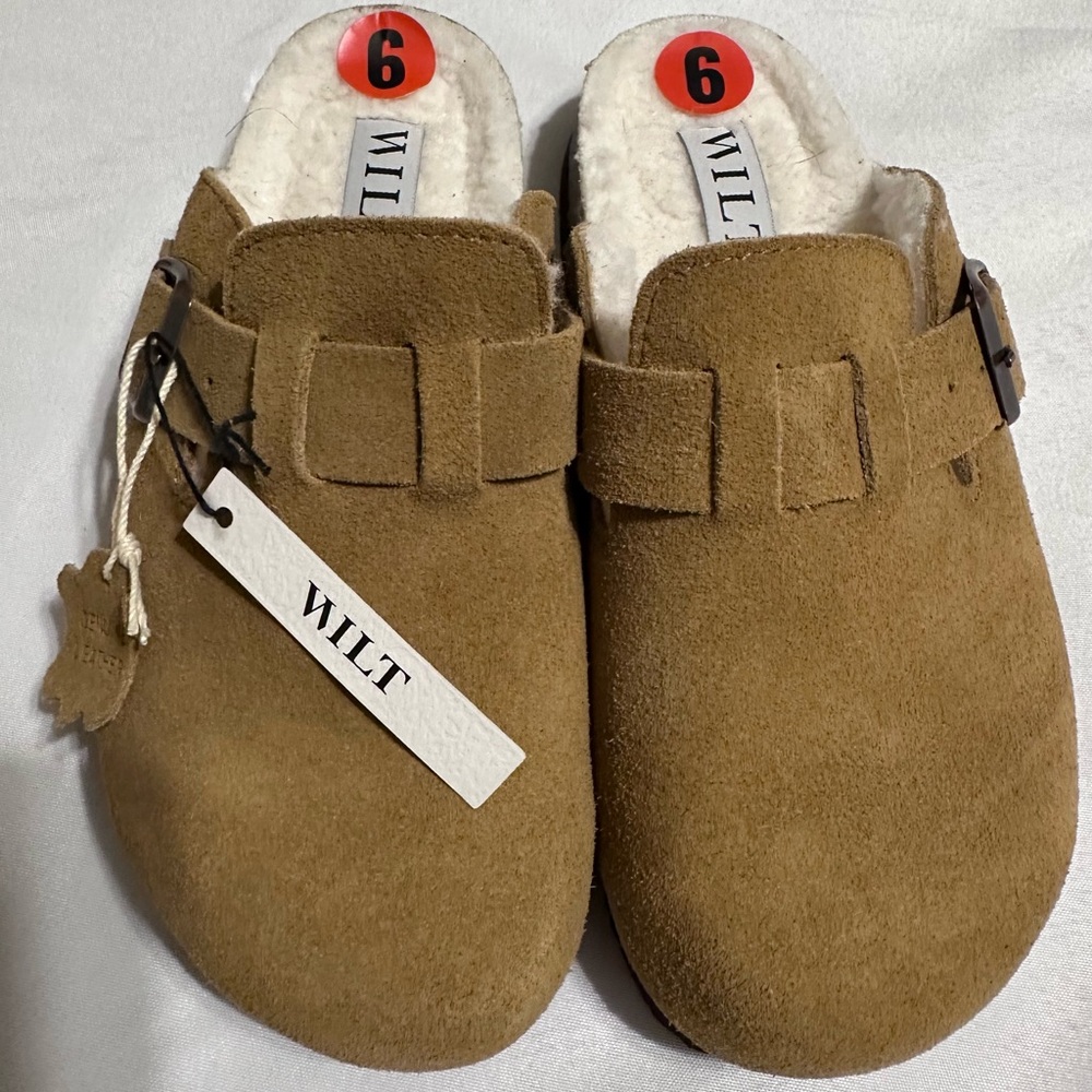 WILT Chestnut Tan Suede Slip-On Clog with Faux Shearling